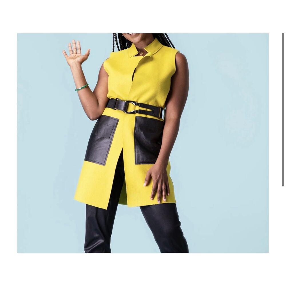 Garcia Faux Leather Trim Long Line Vest , Lime And Black Women’s Medium Belted